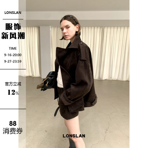 LONSLAN 2024秋季新款时尚秋冬美拉德配色深咖色麂皮外套短裙套装