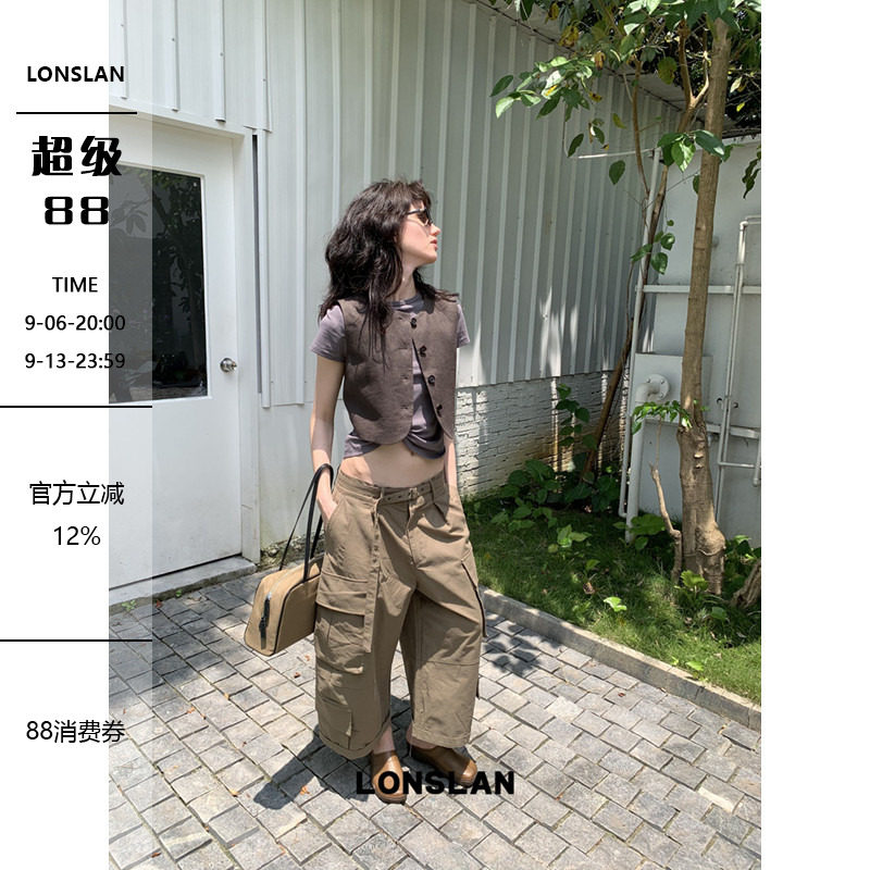 LONSLAN 2026夏季新款镂空金属腰带口袋工装九分裤图片