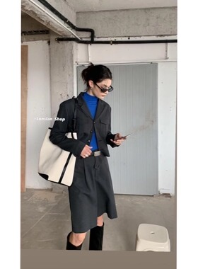 LONSLAN 时装show套装质感深灰色翻领西装+中裤套装