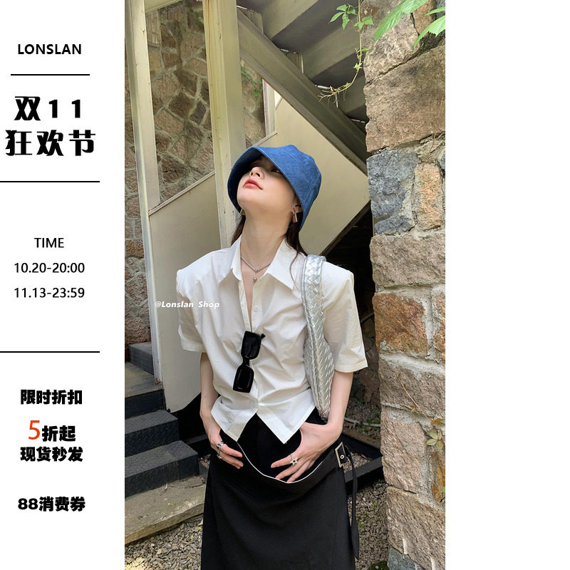 LONSLAN 2022summer小众设计感后背绑带短袖衬衫女款夏季百搭上衣