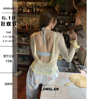 LONSLAN 2026SUMMER春夏新款 大露背长袖防晒喇叭袖T