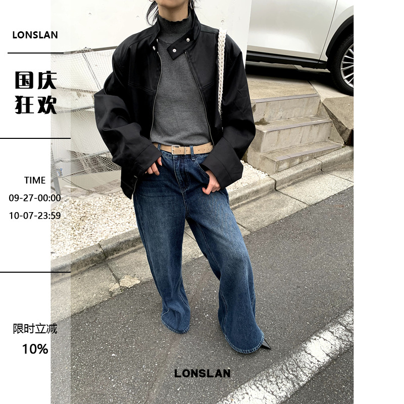 LONSLAN 2024AW NEW 深蓝色复古牛仔阔腿裤