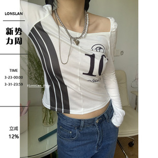 白T恤上衣女 设计感大方领简约印花长袖 Lonslan 自制2021春夏新款
