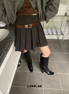 LOSLAN 2024秋冬新款韩版高腰不规则A字裙休闲百褶短裙女