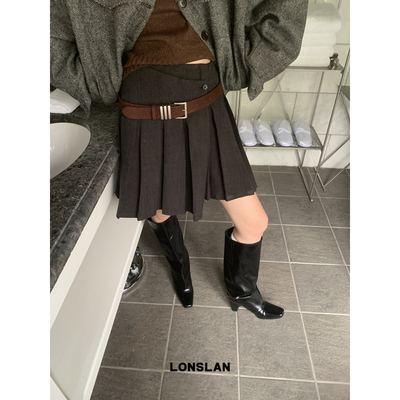 LOSLAN 2024秋冬新款韩版高腰不规则A字裙休闲百褶短裙女