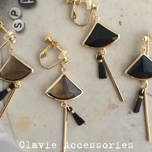 独家设计日系可盐可甜小巧短款黑色茶色透明水晶扇形流苏耳钉耳夹