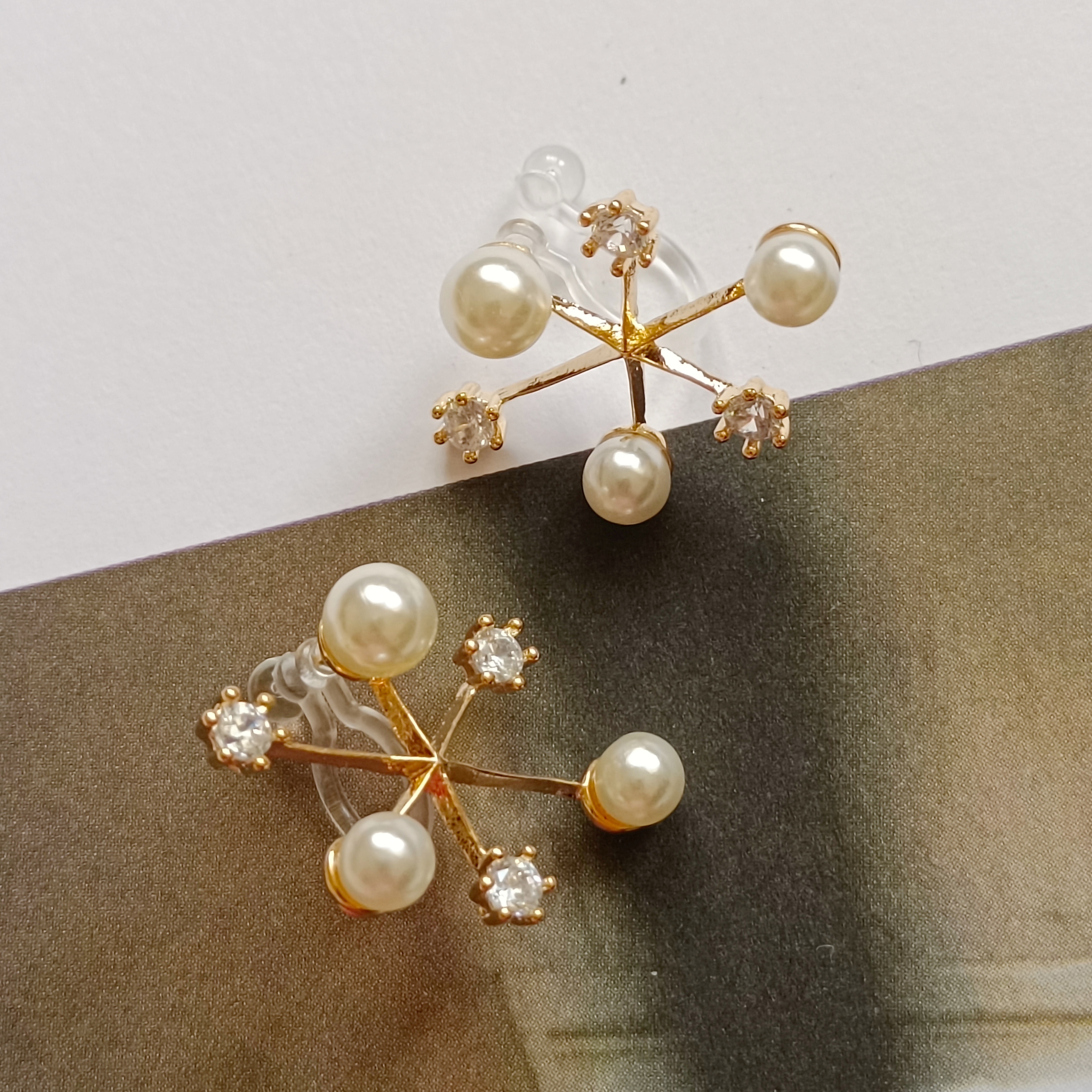 日系精致秋冬天雪花珍珠钻耳钉长短发耳夹树脂u型无耳洞绝美独特