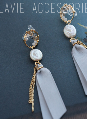 日系耳夹巴洛克淡水珍珠可爱少女甜美气质高级灰色莫兰迪丝带耳钉