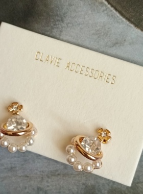 独家设计原创小众迷你小巧仿珍珠水钻土星星球十字架耳钉树脂耳夹