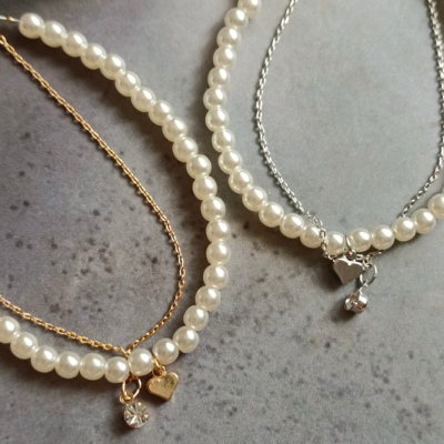 日系日本百搭手作人造小珍珠爱心水钻精致纤细双层叠戴手链延长链