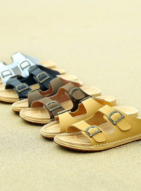 拖鞋男真皮休闲一字拖男牛皮外穿勃肯鞋沙滩男士凉拖小码防水半拖