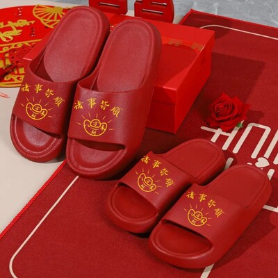 潮汕出花园大红色拖鞋
