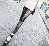 子 显瘦弹力女裤 秋冬加绒蕾丝仿皮打底裤 女网纱仿皮外穿性感修身