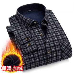 秋冬季爸爸保暧衬衫加绒男土免烫衬衣中老年人长袖格子加厚加棉衬