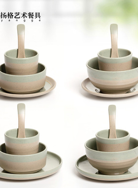 扬格青灰陶釉系列密胺仿瓷摆台四件套餐厅饭店碗味碟碗盘勺杯餐具