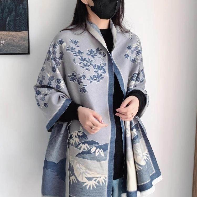 新款水墨画围巾加厚双面保暖
