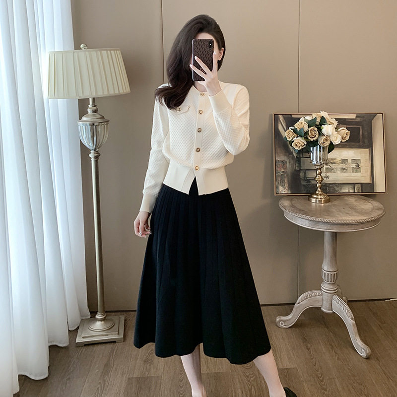 新款时尚休闲套装女长袖短款针织开衫高腰半身裙针织两件套装裙子图片