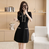 韩版 赫本风冰丝连衣裙女夏季 新款 小香风高腰显瘦打底A字针织裙子