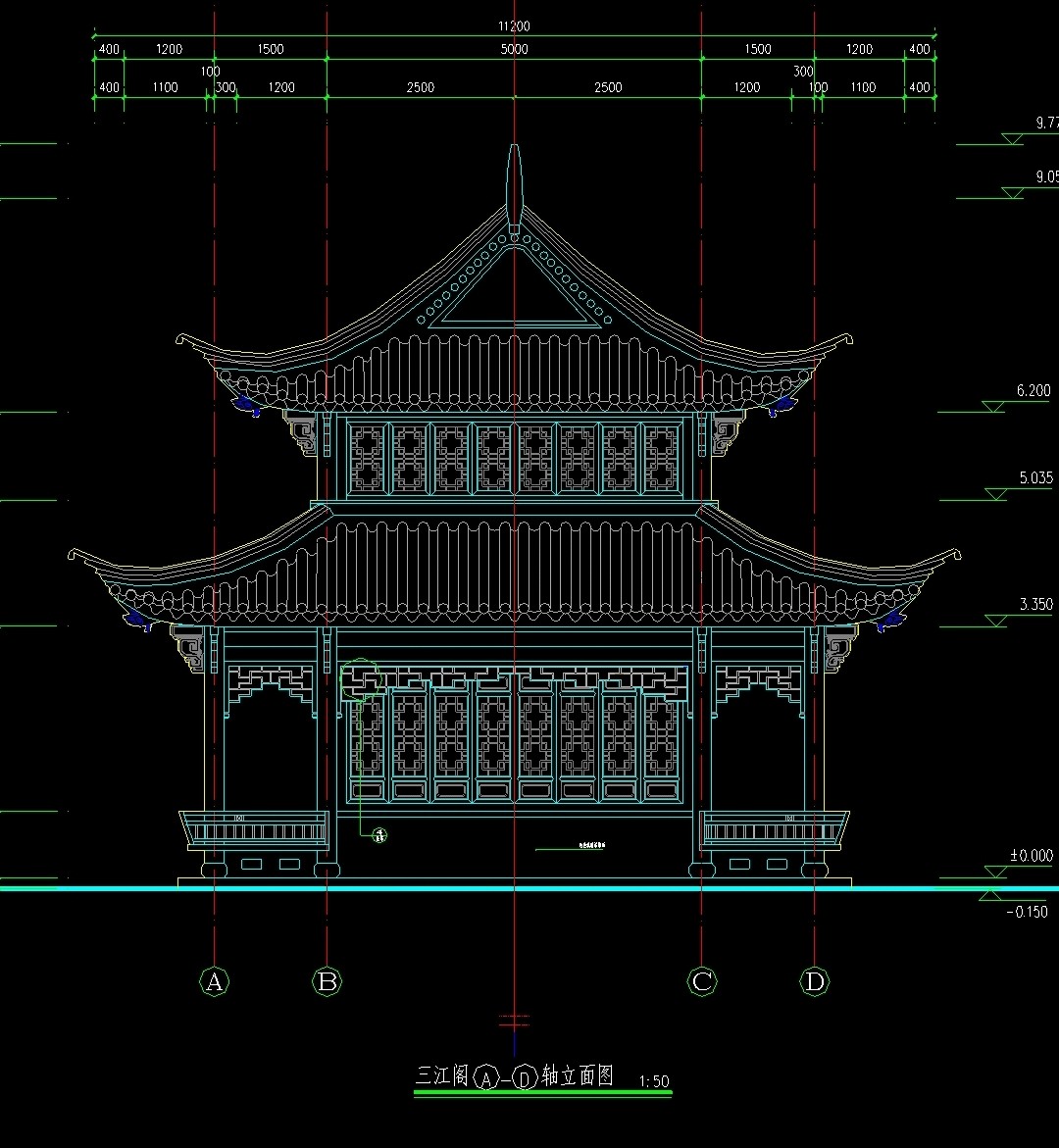 cad施工图古建筑二层重檐歇山顶木构大殿仿古建筑设计cad图纸