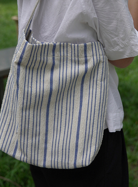 原创文艺森女布包小清新蓝色条纹编织帆布包单肩包女大学生上课包