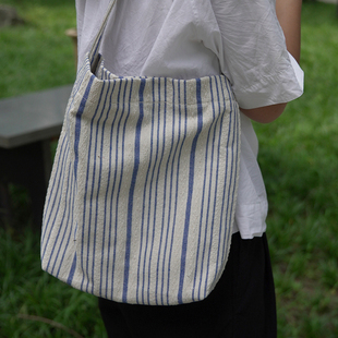 原创文艺森女布包小清新蓝色条纹编织帆布包单肩包女大学生上课包