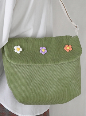 洞洞包绿色灯芯绒复古日常通勤百搭休闲斜挎包女可爱文艺布袋潮