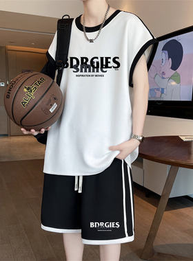 青少年无袖背心短裤休闲运动套装初中高中学生男孩速干宽松篮球服