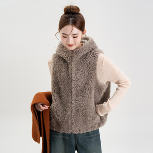 连帽短款羊剪绒大衣秋冬外套背心新款颗粒绒海宁羊羔毛皮草女马甲