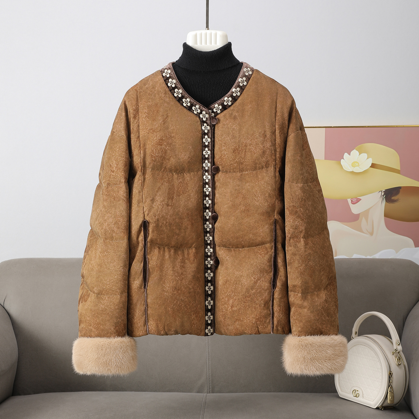 新中式皮草拼接加厚羽绒时尚外套国风刺绣水貂毛鹅绒羽绒服女短款