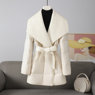 可脱卸鹅绒内胆羽绒服毛呢保暖显瘦外套双面呢大衣女中长款大翻领