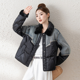 2025新款进口水貂毛领皮草外套休闲时尚高端牛仔鹅绒羽绒服女短款