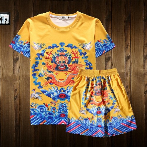 中国风清朝官服皇帝黄马褂龙袍衣服古装男士夏3d印花短袖T恤大码