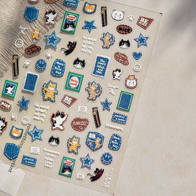 牛仔小猫浮雕立体美甲贴纸装饰笔记本电脑手机壳iPad手账相机贴画