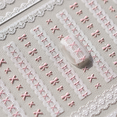 日系蕾丝蝴蝶结浮雕立体美甲贴纸装饰指甲电脑手机壳iPad手账贴画