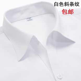 女士蓝条工装衬衫正装领短袖修身斜条V领衬衣移动银行工作服细条