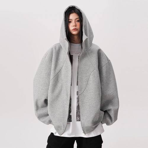 BWKA美式重磅解构连帽开衫卫衣女男秋冬加绒加厚拼接设计感短外套