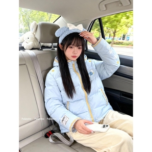 韩系甜美风连帽棉服女2025冬季 小众花朵宽松休闲保暖蓝色外套