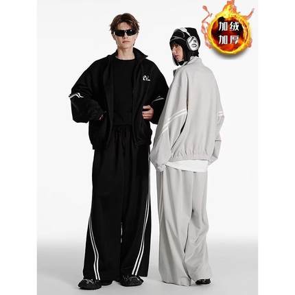 NERDY冬季2025新款情侣加绒外套休闲斜双杠logo上衣