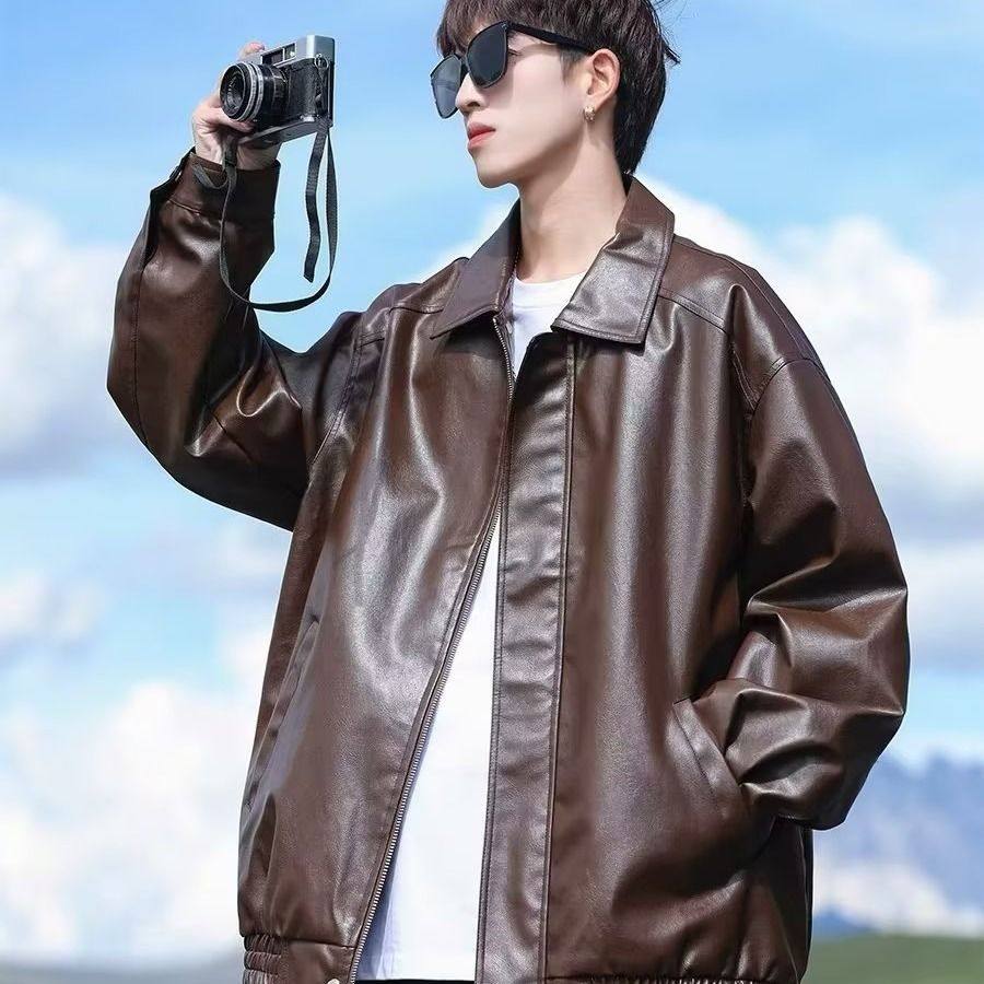 美式复古pu皮衣外套男秋冬棕色男生皮夹秋季男装秋冬皮夹克秋男款