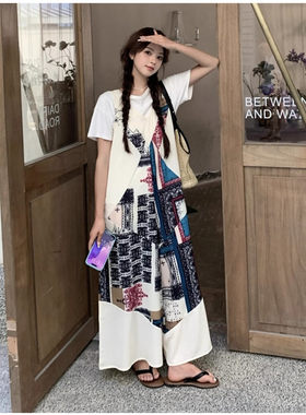 波西米亚度假风印花连衣阔腿裤女