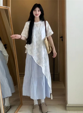 大码胖mm韩系不规则提花设计感罩衫夏季新款慵懒宽松遮肉两件套女