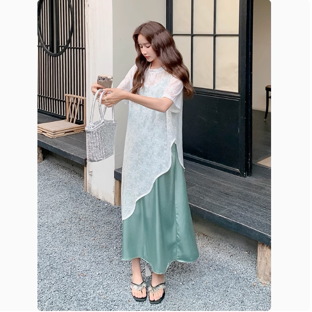 不规则蕾丝罩衫套装女2025夏季简约日系小清新纯色吊带裙两件套潮