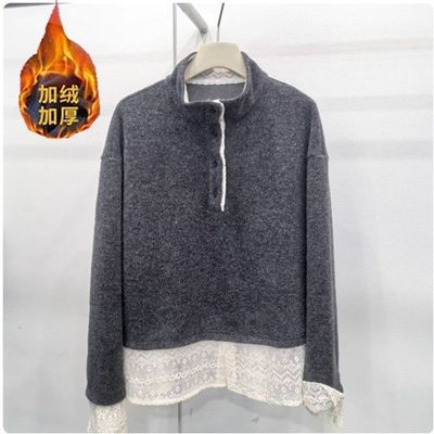 蕾丝拼接立领卫衣女秋冬新款时尚网红百搭显瘦加绒加厚打底衫上衣
