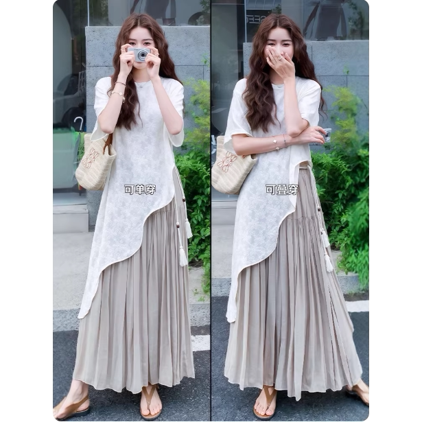 夏季新款穿搭2026年大码胖mm不规则下摆蕾丝纯色罩衫时尚百搭上衣