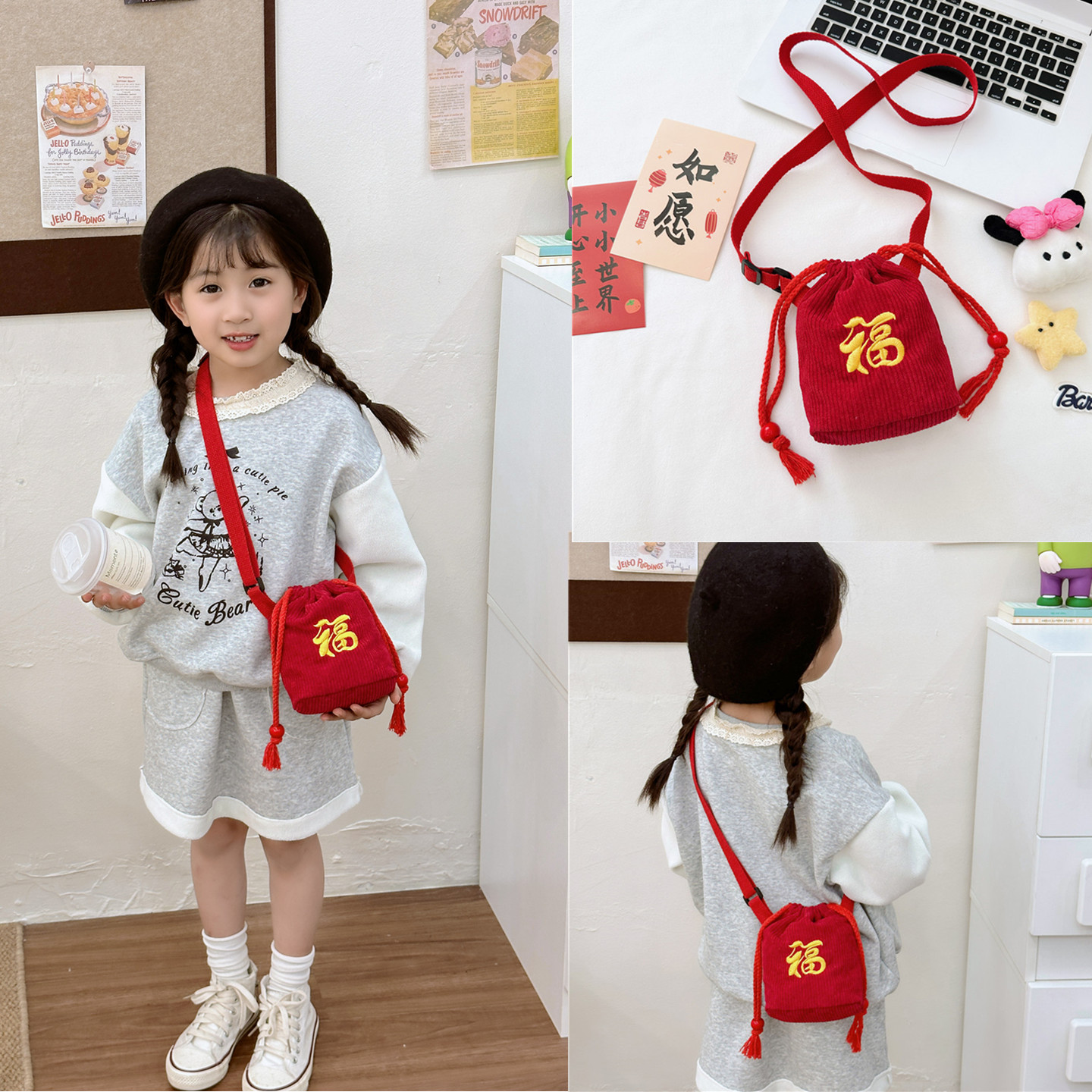 宝宝新年拜年包儿童小福袋零钱包女孩灯芯绒小挎包男孩配饰单肩包