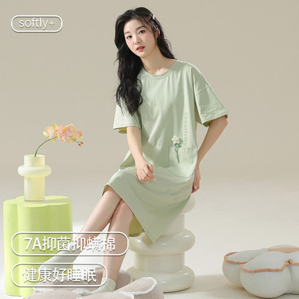 啄木鸟睡裙女士夏季纯棉短袖2025新款连衣裙全棉休闲可外穿家居服