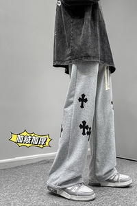 冬季港风高街男士加绒加厚十字架印花拖地卫裤K3663J P55控68图片