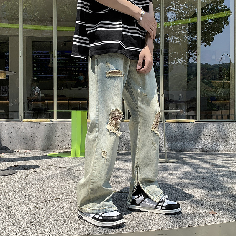 夏季港风破洞拉链脚口牛仔裤印花宽松休闲长裤K5053B315P55控68,男装休闲裤,电商B315