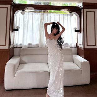 千金名媛法式生日聚会亮片水钻吊带礼服鱼鳞片白色仙女度假裙长裙