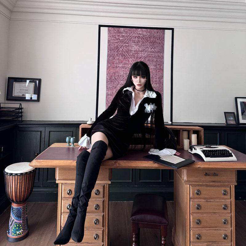 秋冬拉链假两件立体花吊丧黑色短裙子衬衫裙翻领设计感丝绒连衣裙,女装/女士精品,连衣裙,淘宝优惠券,粉丝福利购,淘宝优惠卷